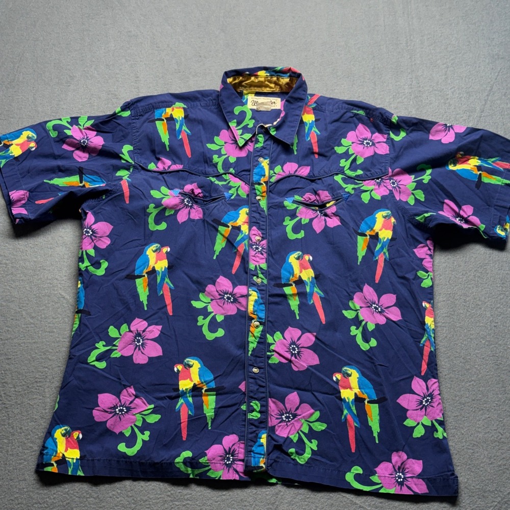 Wrangler Western Shirt Mens XL Navy Blue Tropical Parrot Floral Snap Front S/S